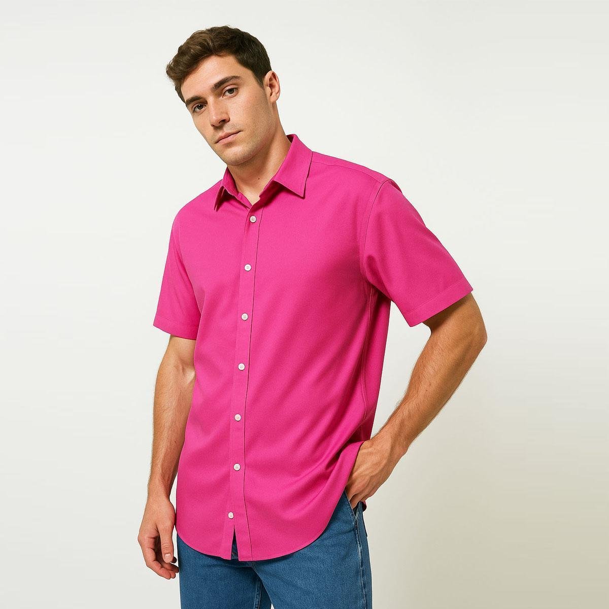 Camisa Masculina De Botão Manga Curta Rosa Pink Casual Menor preço em Camisa Masculina De Botão Manga Curta Rosa Pink Casual