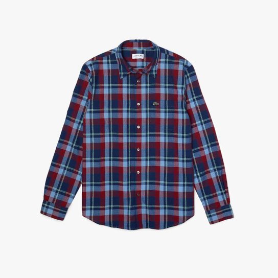 Camisa Masculina de tecido têxtil de algodão com padrão xadrez regular fit - Azul Royal+Vermelho