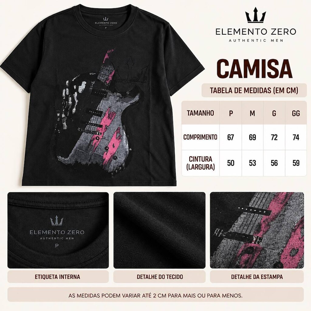 Camisa Masculina Elemento Zero: 100% Algodão Estampa Guitarra 02.40.0006