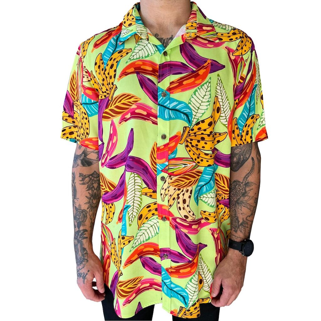 Camisa Masculina Estampada Folhagem Manga Curta Social