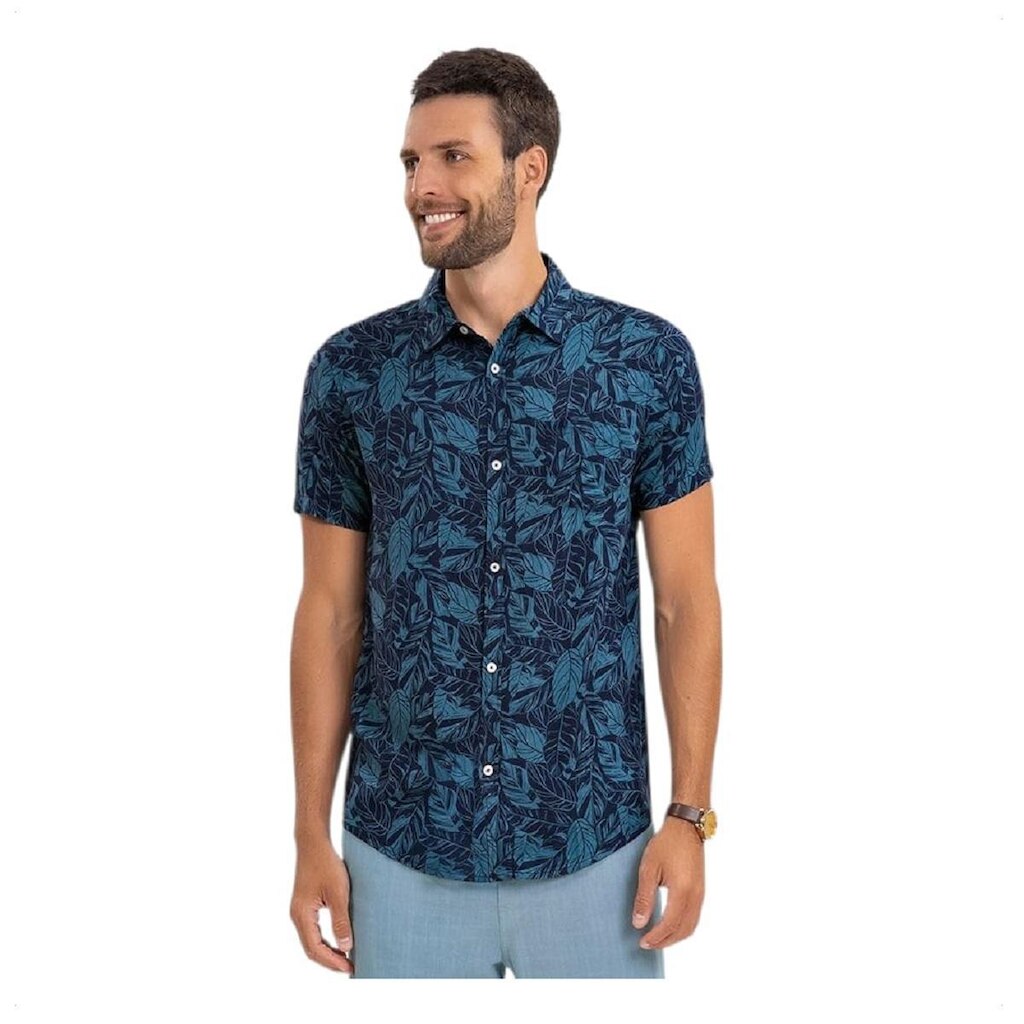 Camisa Masculina Estampada Viscose Bolso Frontal Manga Curta
