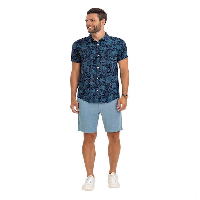 Camisa Masculina Estampada Viscose Bolso Frontal Manga Curta