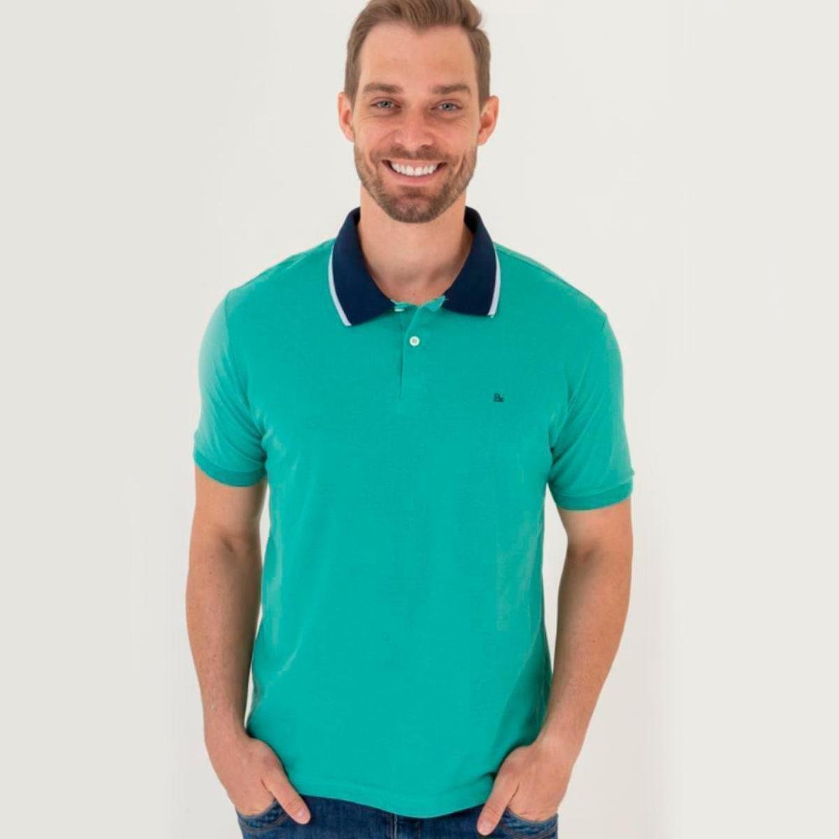 Camisa Masculina Gola Clássica Algodão Manga Curta Casual - Verde claro Menor preço em Camisa Masculina Gola Clássica Algodão Manga Curta Casual - Verde claro