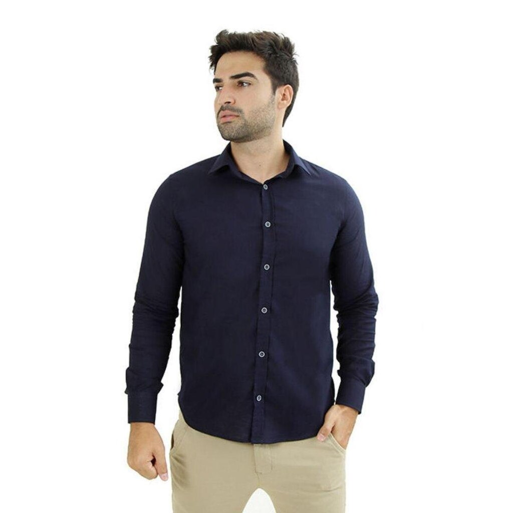 Camisa Masculina Ixória Manga Longa Slim Fit Flamê Marinho