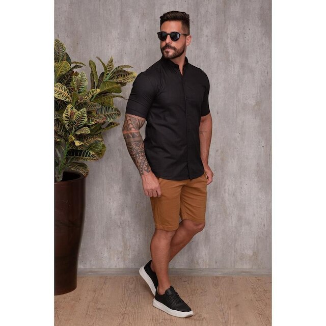 Camisa Masculina Linho Manga Curta Gola Padre Lisa Casual