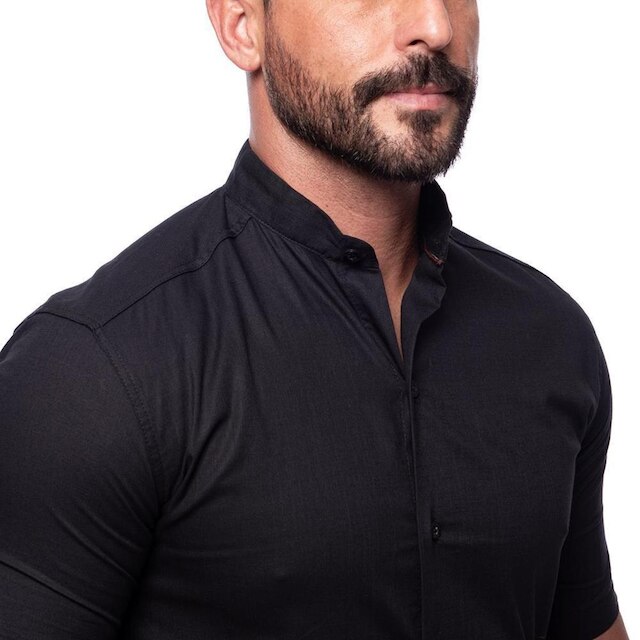 Camisa Masculina Linho Manga Curta Gola Padre Lisa Casual