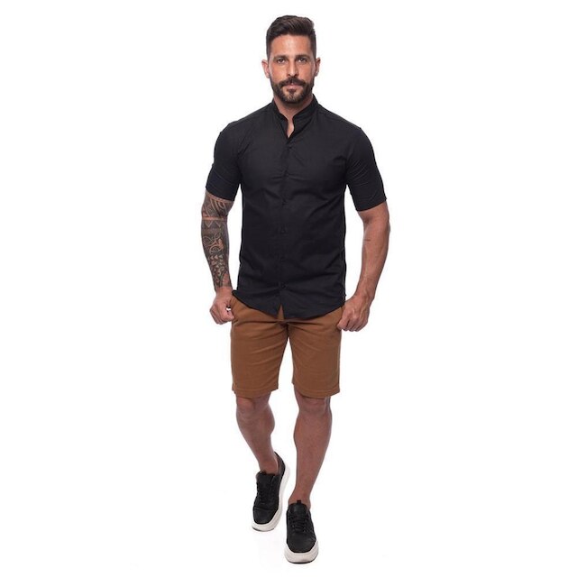 Camisa Masculina Linho Manga Curta Gola Padre Lisa Casual