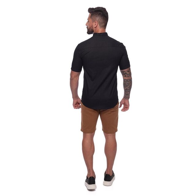 Camisa Masculina Linho Manga Curta Gola Padre Lisa Casual