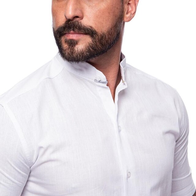 Camisa Masculina Linho Manga Curta Gola Padre Lisa Casual