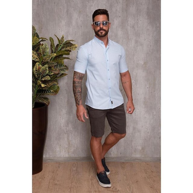 Camisa Masculina Linho Manga Curta Gola Padre Lisa Casual