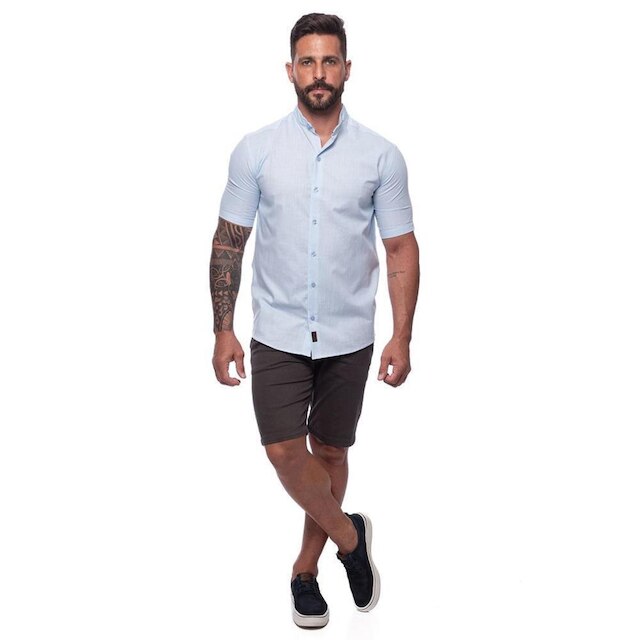 Camisa Masculina Linho Manga Curta Gola Padre Lisa Casual