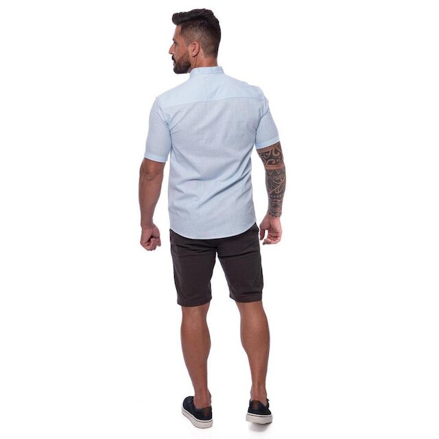 Camisa Masculina Linho Manga Curta Gola Padre Lisa Casual