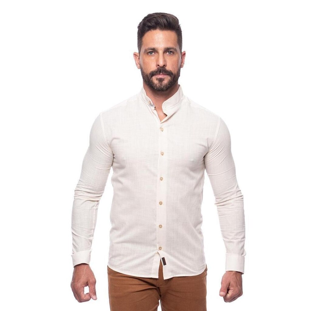 Camisa Masculina Linho Manga Longa Gola Padre Lisa Casual