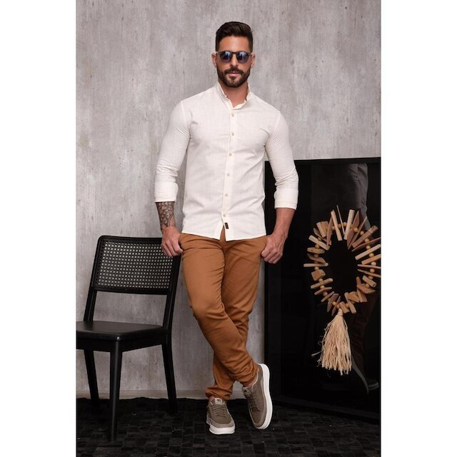 Camisa Masculina Linho Manga Longa Gola Padre Lisa Casual
