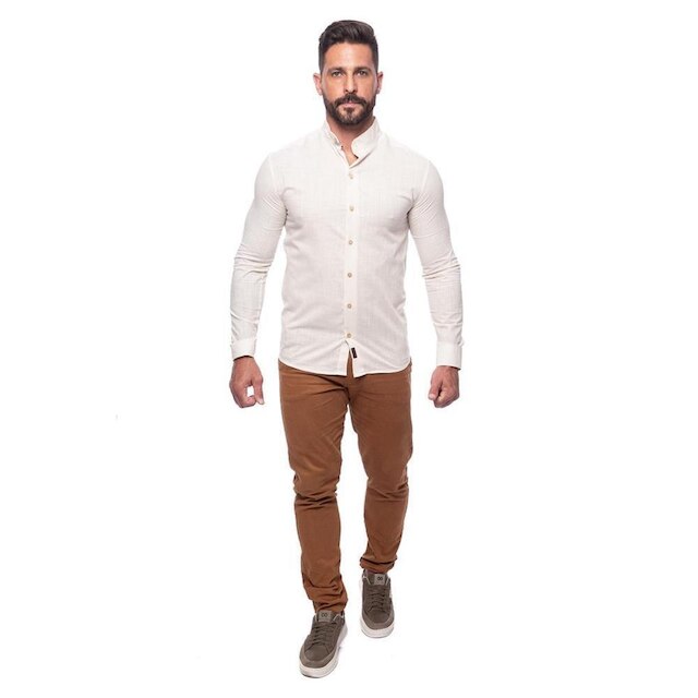 Camisa Masculina Linho Manga Longa Gola Padre Lisa Casual