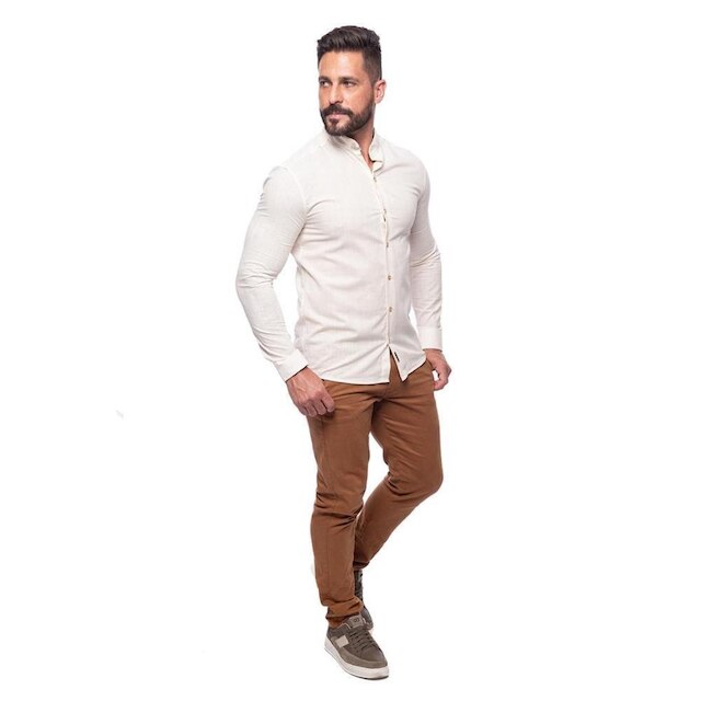Camisa Masculina Linho Manga Longa Gola Padre Lisa Casual