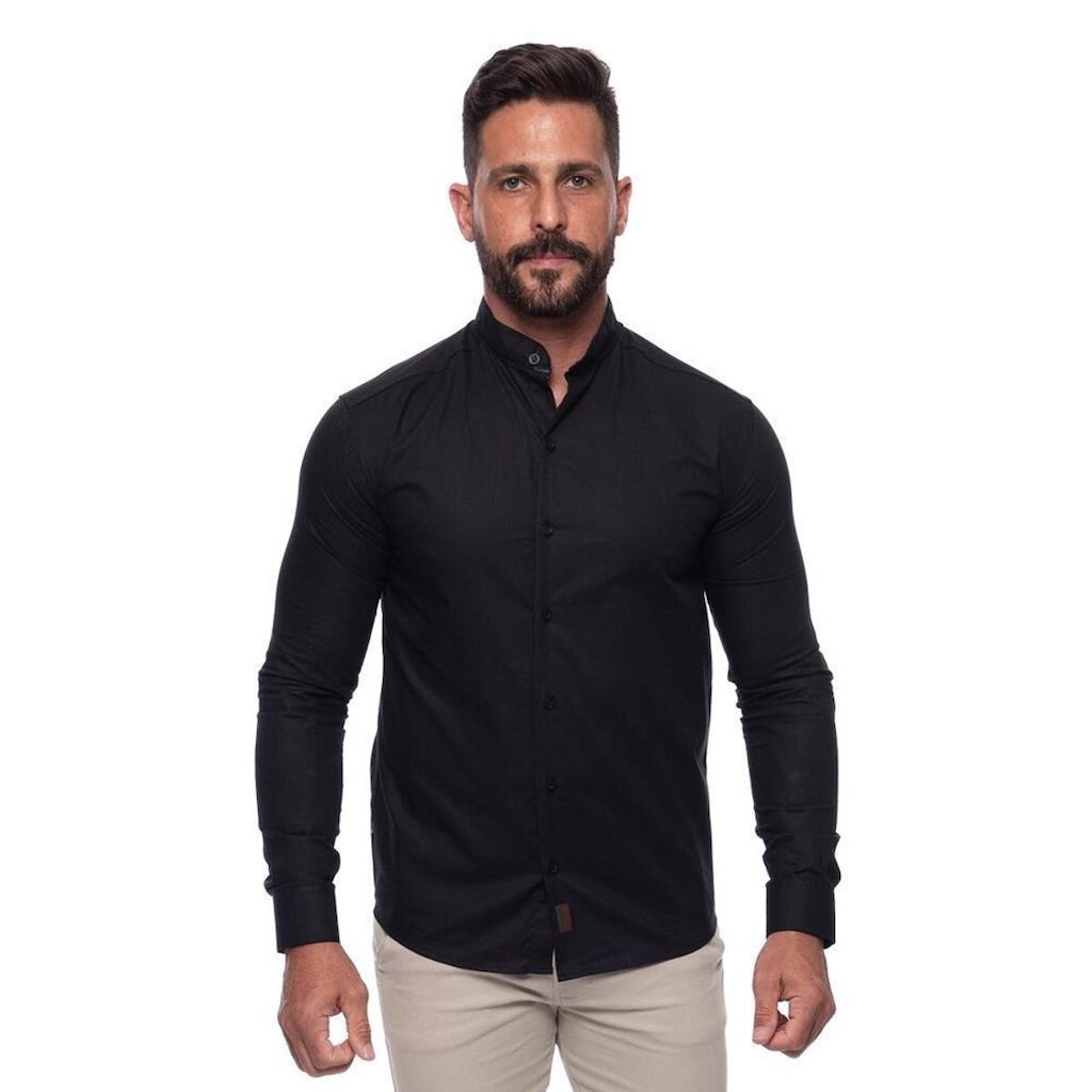 Camisa Masculina Linho Manga Longa Gola Padre Lisa Casual