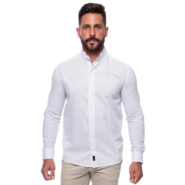 Camisa Masculina Linho Manga Longa Gola Padre Lisa Casual