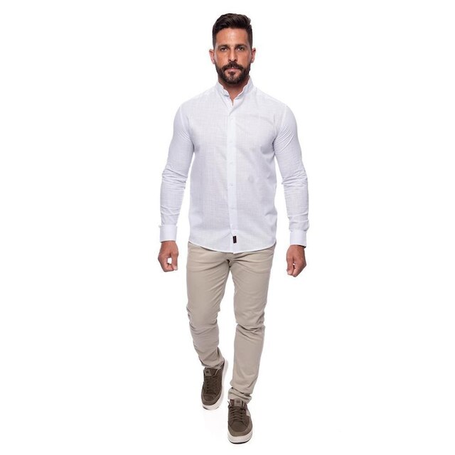 Camisa Masculina Linho Manga Longa Gola Padre Lisa Casual