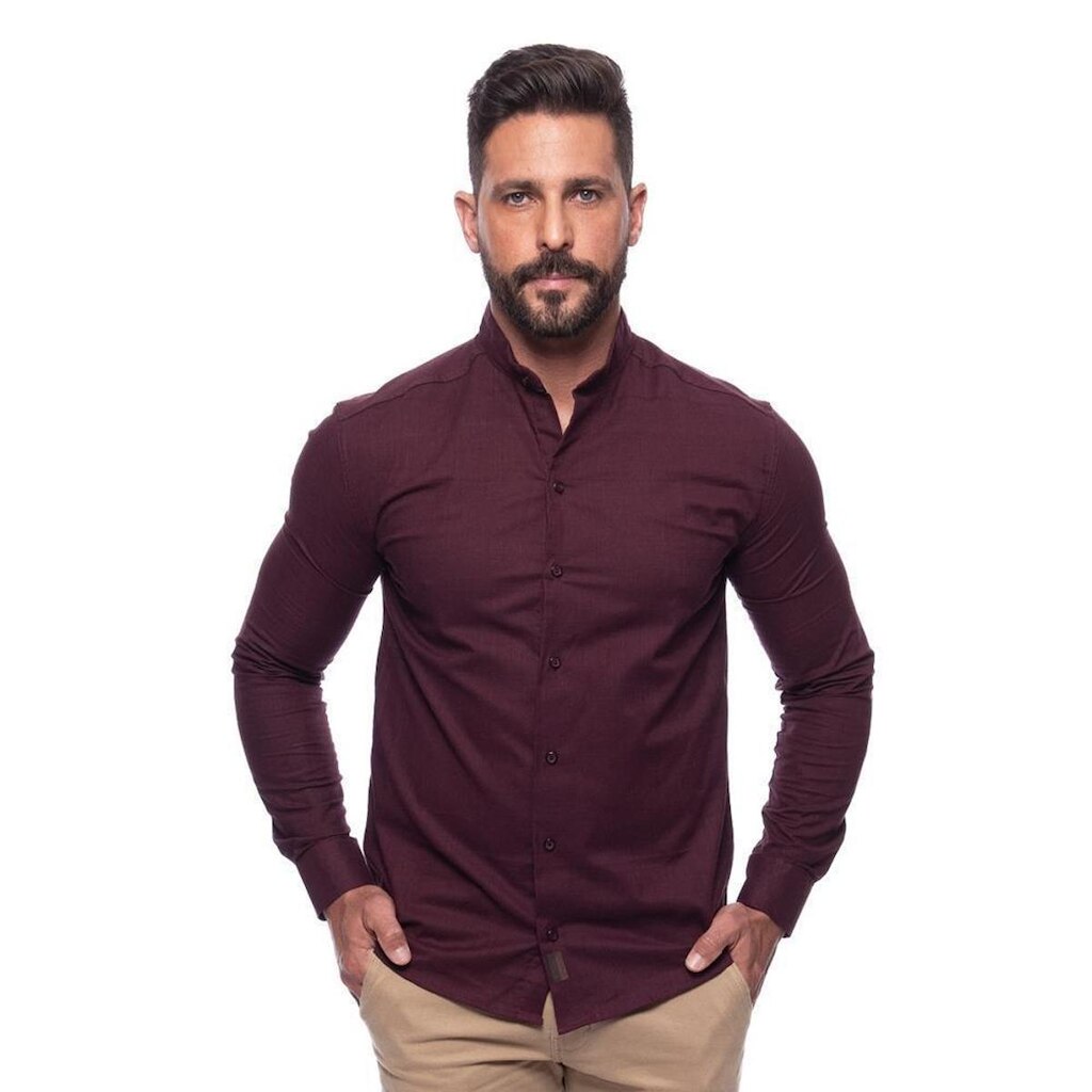 Camisa Masculina Linho Manga Longa Gola Padre Lisa Casual
