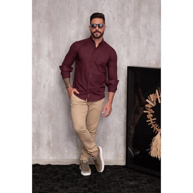 Camisa Masculina Linho Manga Longa Gola Padre Lisa Casual