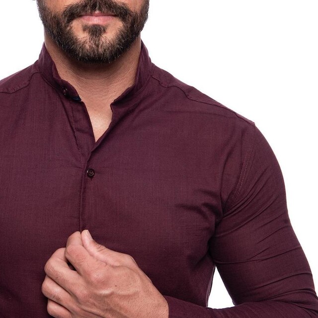 Camisa Masculina Linho Manga Longa Gola Padre Lisa Casual