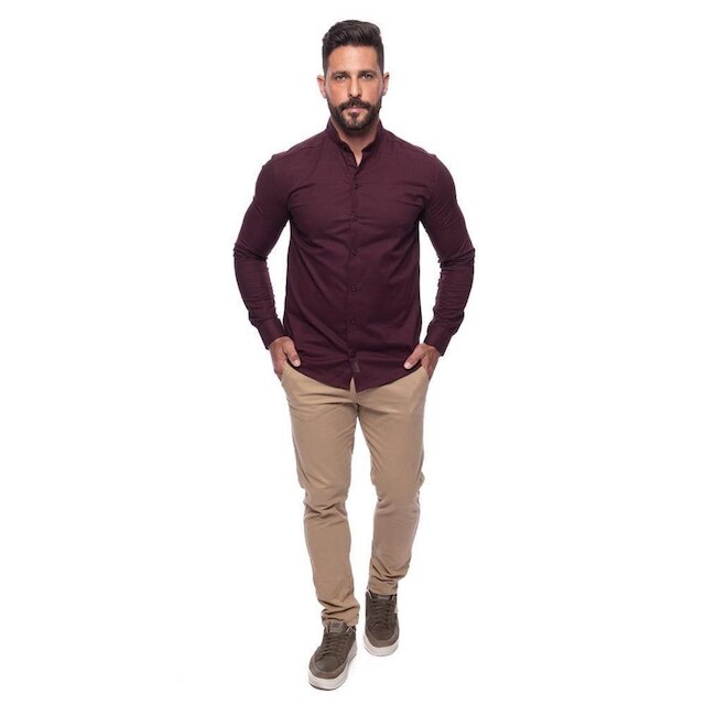 Camisa Masculina Linho Manga Longa Gola Padre Lisa Casual