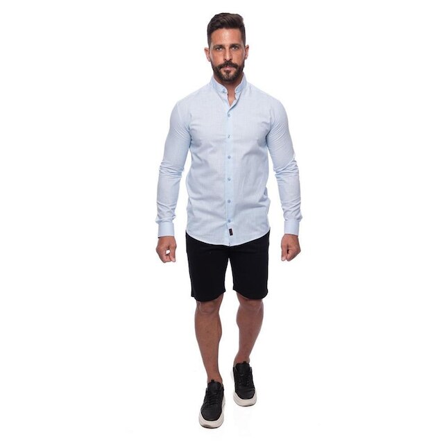 Camisa Masculina Linho Manga Longa Gola Padre Lisa Casual