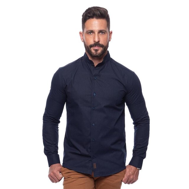 Camisa Masculina Linho Manga Longa Gola Padre Lisa Casual
