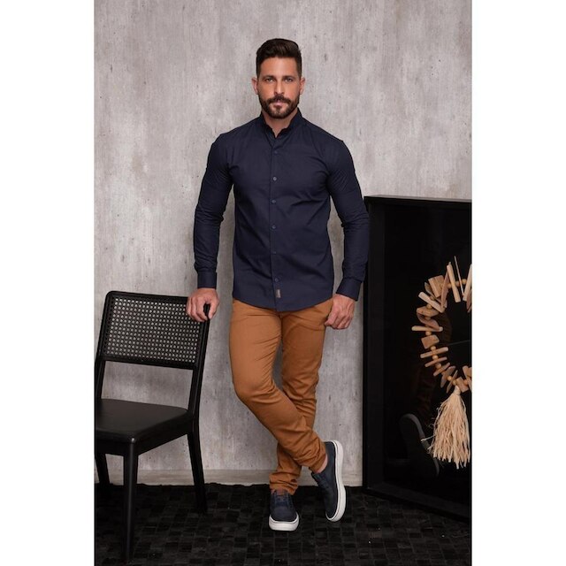 Camisa Masculina Linho Manga Longa Gola Padre Lisa Casual