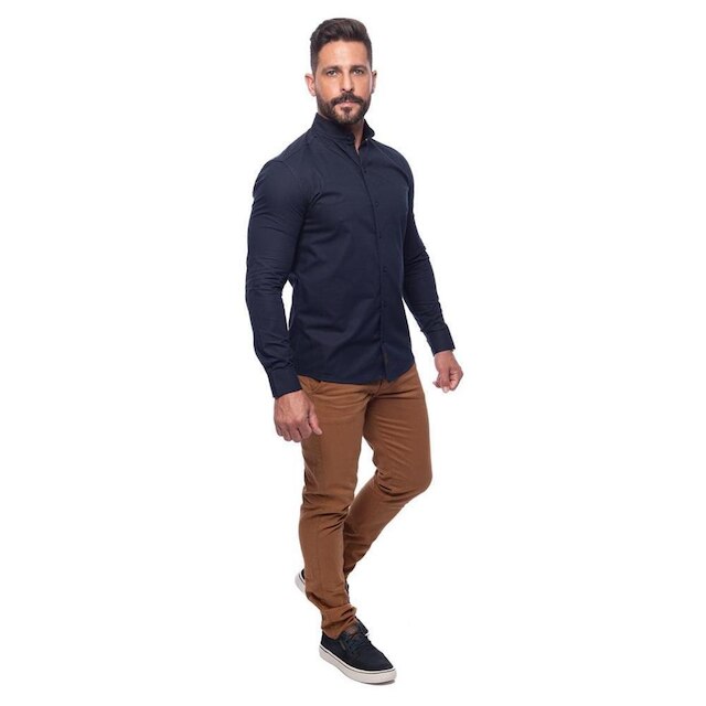 Camisa Masculina Linho Manga Longa Gola Padre Lisa Casual