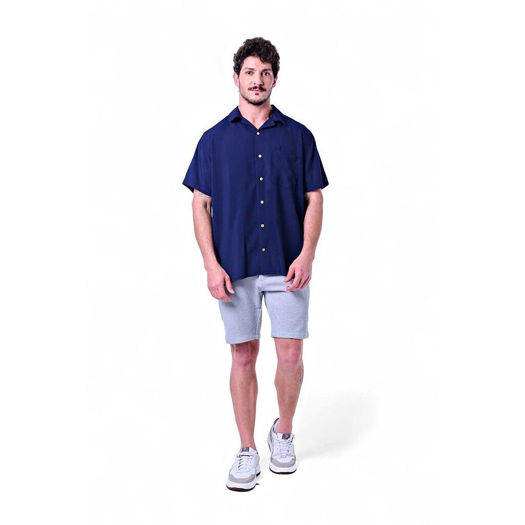Camisa Masculina Manga Curta Gola Hawaii Viscose Pacific Blue