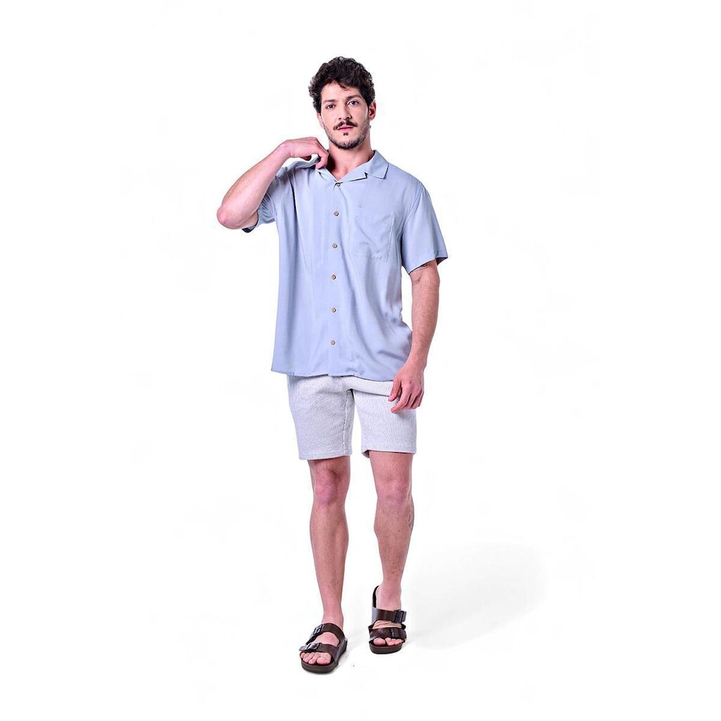 Camisa Masculina Manga Curta Gola Hawaii Viscose Pacific Blue