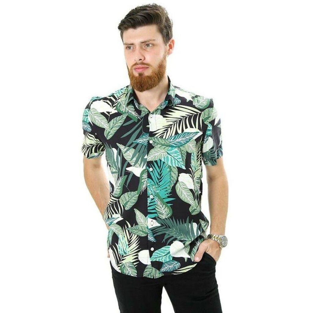 Camisa Masculina Manga Curta Viscose Modelagem Regular Folhas Verde