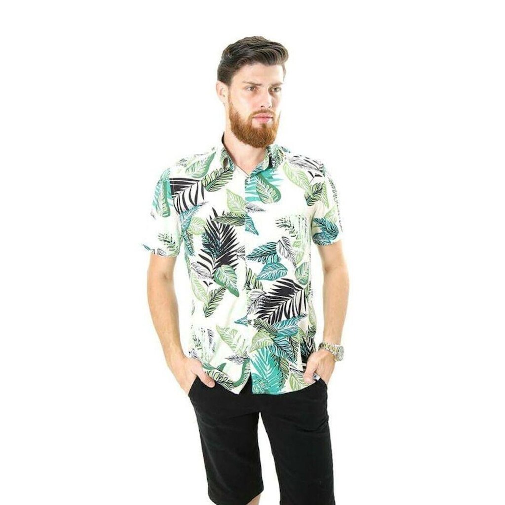 Camisa Masculina Manga Curta Viscose Modelagem Regular Folhas Verde