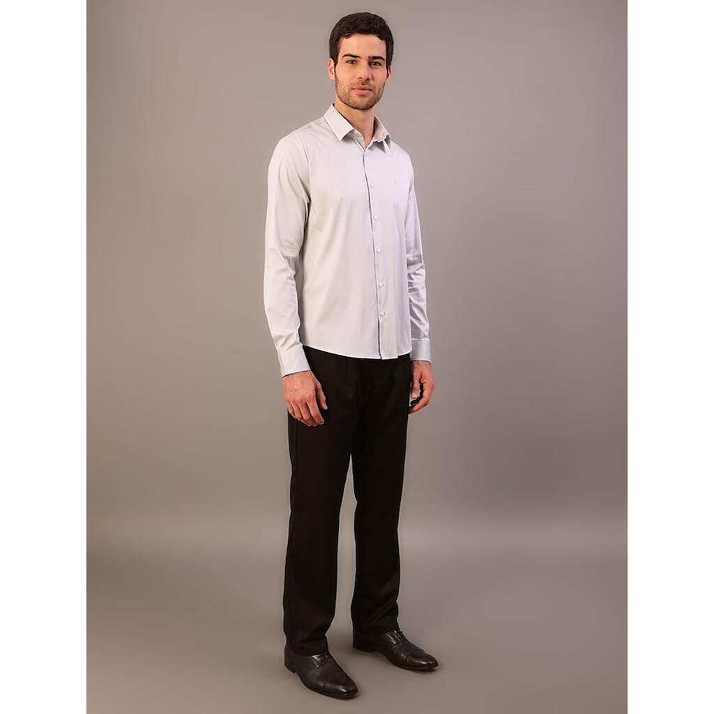 Camisa Masculina Manga Longa Slim Básica - Cinza Claro