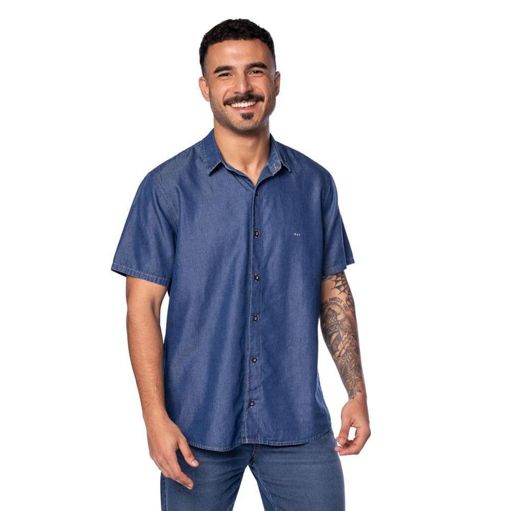 Camisa Masculina Max Denim Manga Curta Fit Jeans Azul