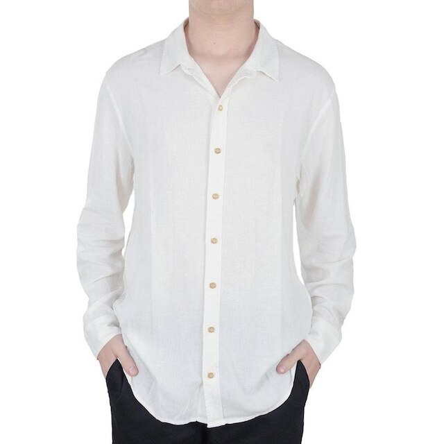 Camisa Masculina ML Lado Avesso Linho Bege - LH436P