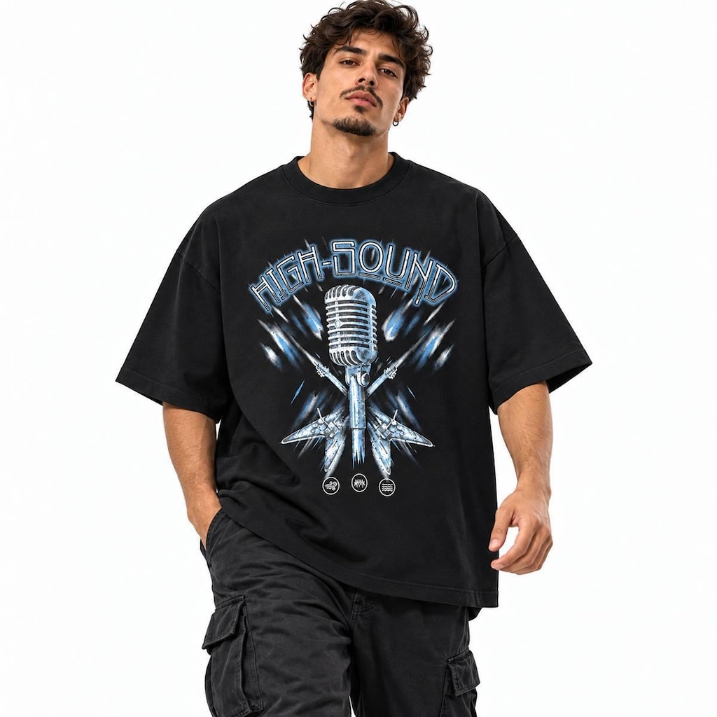 Camisa Masculina MMT Caimento Oversized e Estampa Rock 583370 Preto
