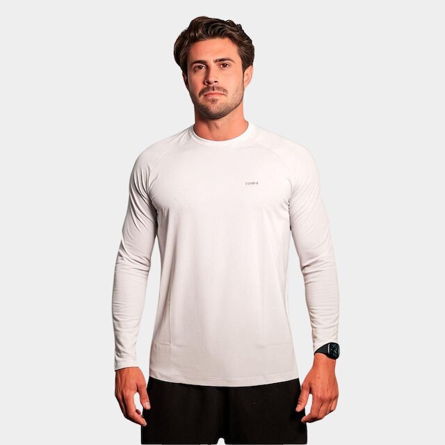 Camisa Masculina Raglan Manga Longa Branca TR4 Proteção Uv Respirável Academia Fitness Básica Treino