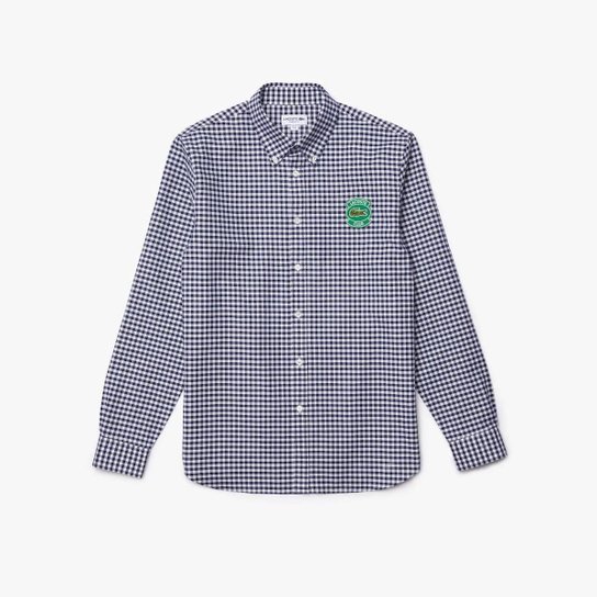 Camisa masculina Regular Fit em algodão Oxford xadrez com emblema - Branco+Azul