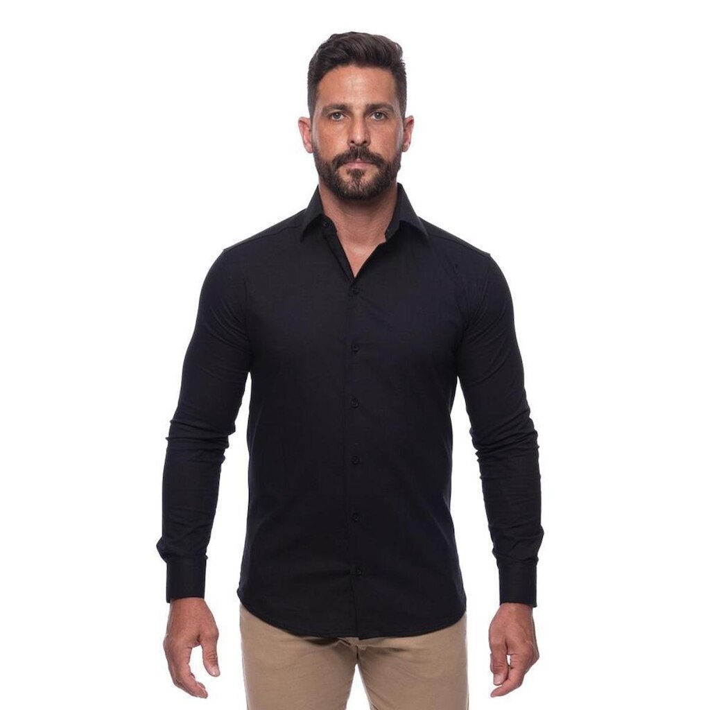 Camisa Masculina Slim Manga Longa Lisa Acetinada Social