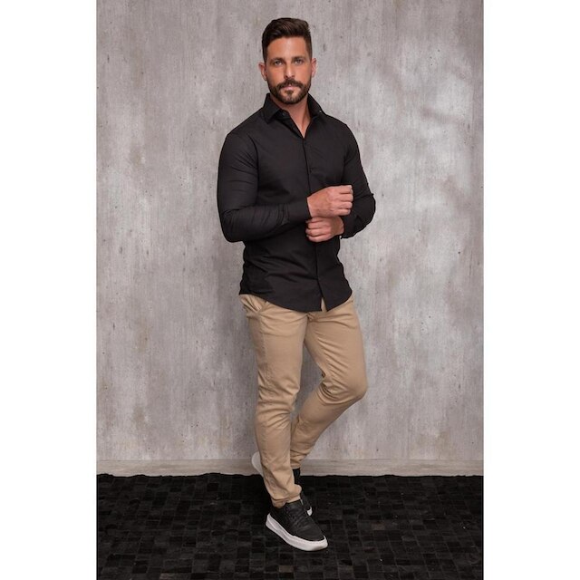 Camisa Masculina Slim Manga Longa Lisa Acetinada Social