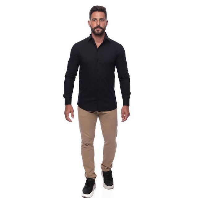 Camisa Masculina Slim Manga Longa Lisa Acetinada Social