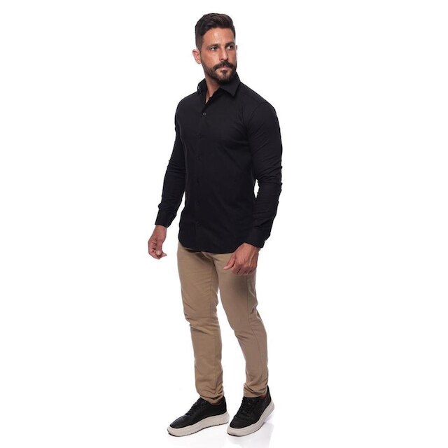 Camisa Masculina Slim Manga Longa Lisa Acetinada Social