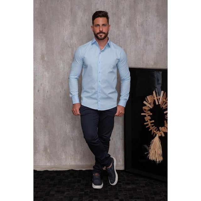 Camisa Masculina Slim Manga Longa Lisa Acetinada Social