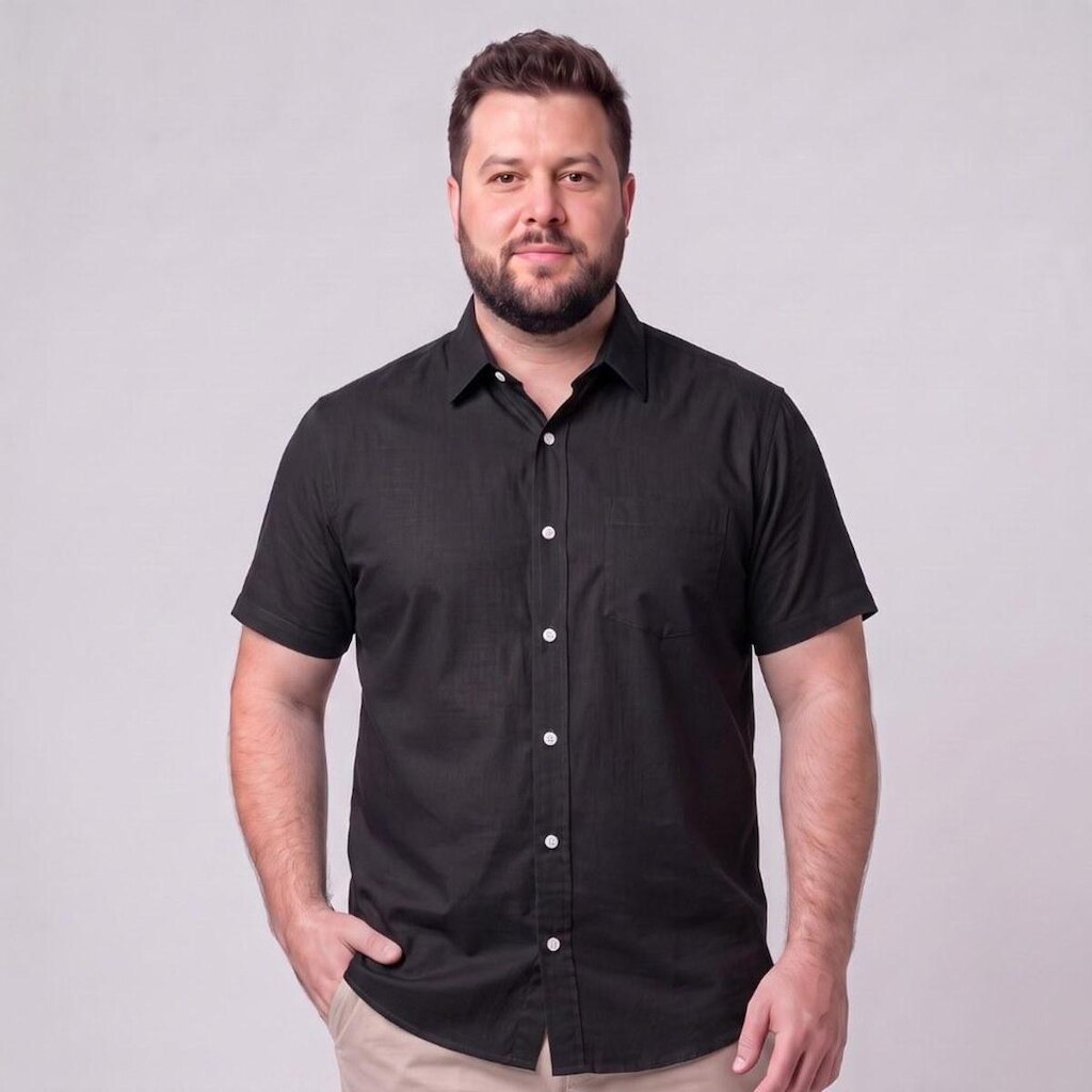 Camisa Masculina Social Plus Size Manga Curta Com Bolso Mac Giant
