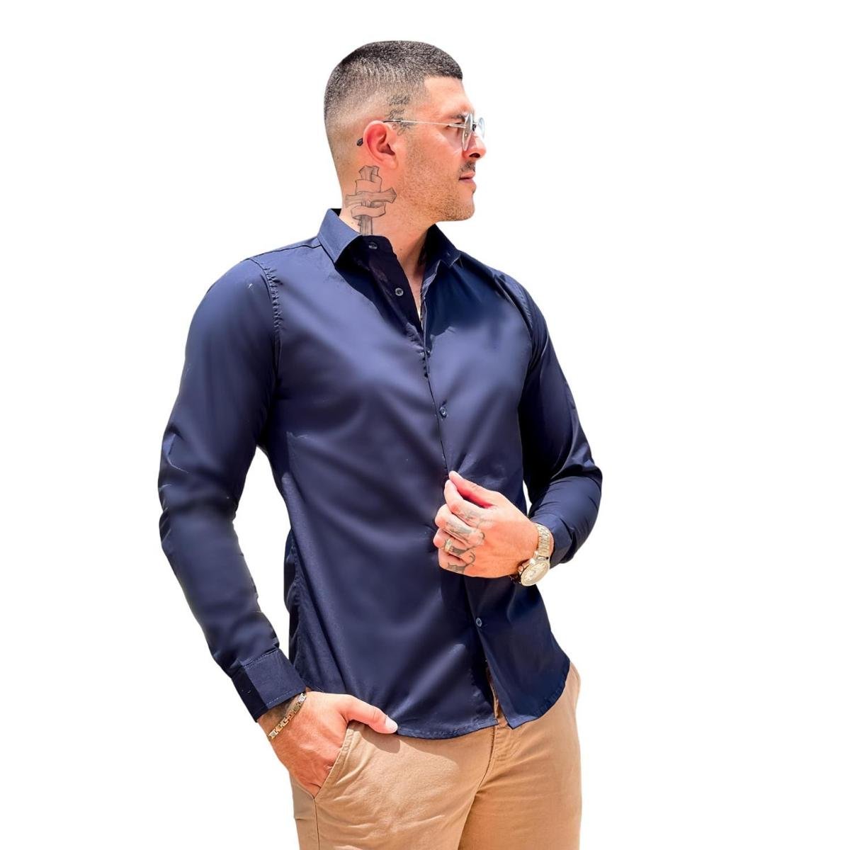 Camisa Masculina Social Tencel Manga Longa Azul Marinho Menor preço em Camisa Masculina Social Tencel Manga Longa Azul Marinho