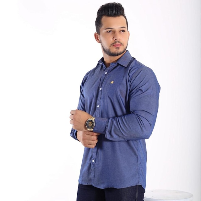 Camisa Masculina Tencel Manga Longa Azul Jeans Moda Social