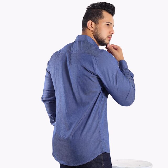 Camisa Masculina Tencel Manga Longa Azul Jeans Moda Social